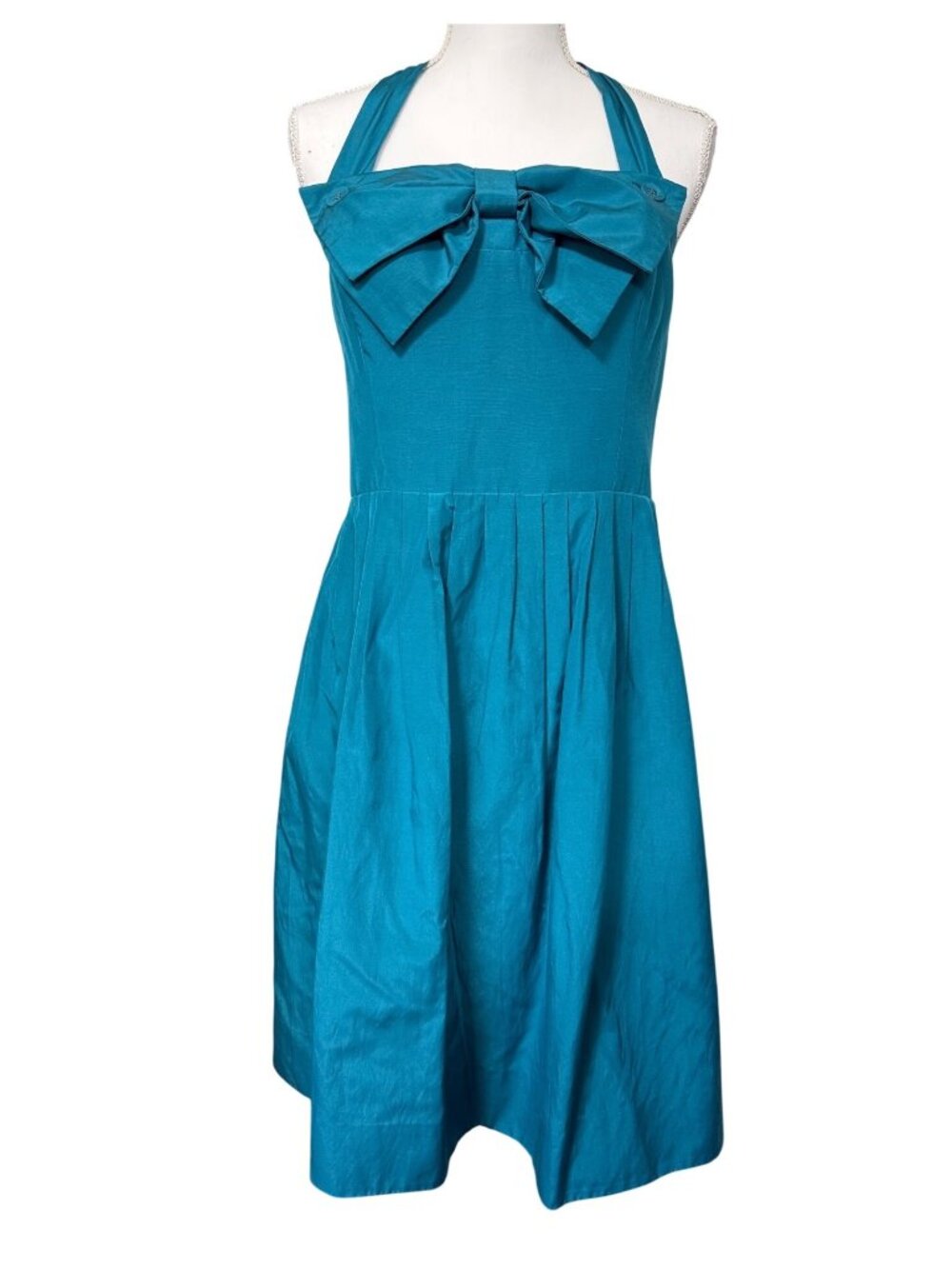 Retro-Inspired Teal Halter Bow Detail & Pleated Dress 6 Silk Blend By Hitherto